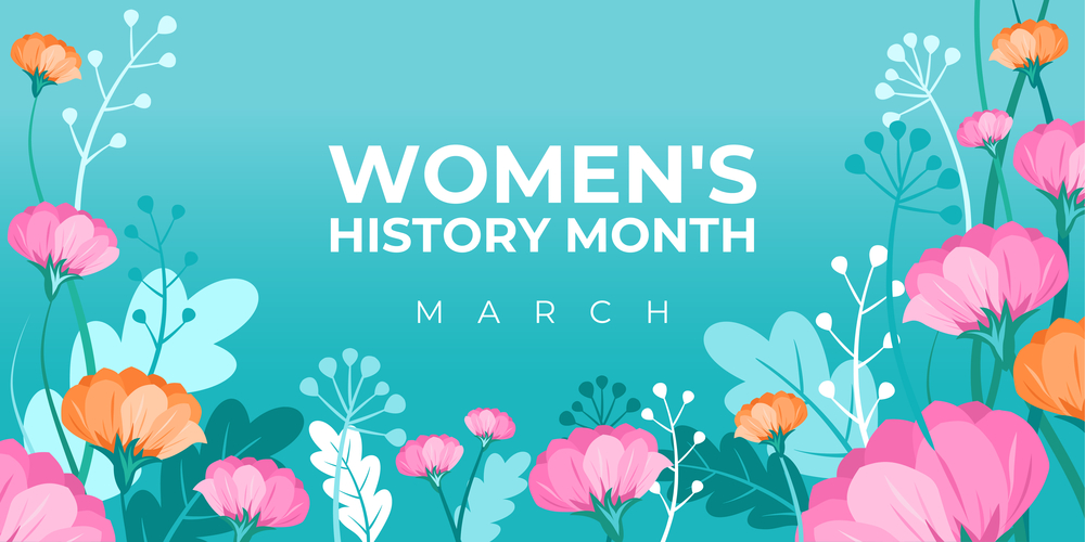 Women's History Month. Vector banner, poster, flyer, greeting card for social media with the text Women s History Month, march. Beautiful bouquet of flowers on blue background. Concept for women